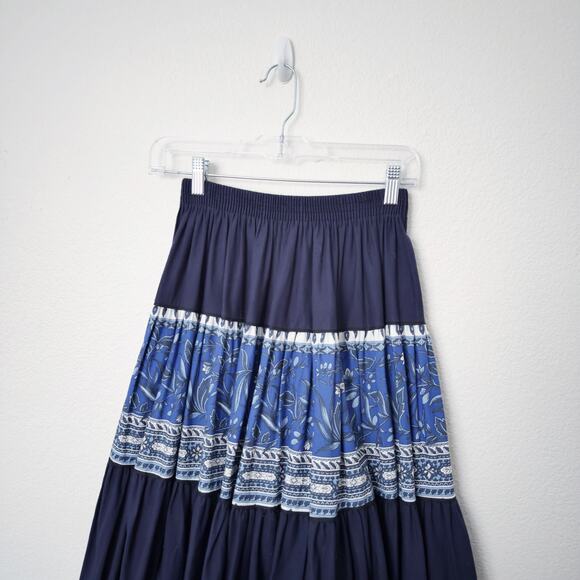 [Vintage] Atelier Provencal Blue Floral Striped Tiered Full Maxi Skirt Sz Medium - Picture 3 of 10